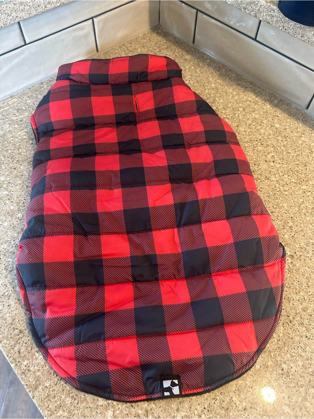 Plaid Red and Black Quilted dog jackets x2- one L, one XL